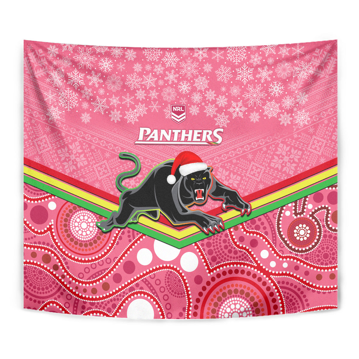 Panthers Rugby Christmas Tapestry Merry Xmas 2023 Mix Aboriginal Art Pink Version - Vibe Hoodie Shop