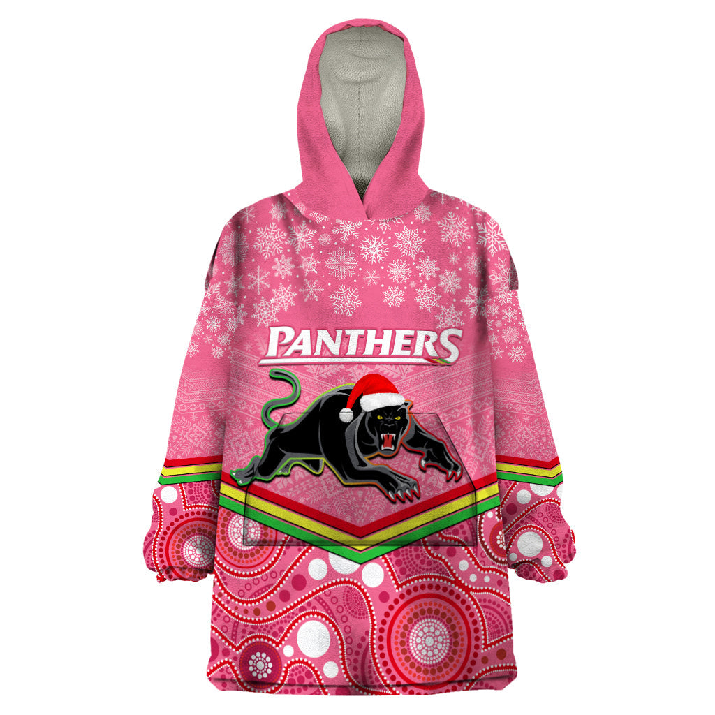 Custom Panthers Rugby Christmas Wearable Blanket Hoodie Merry Xmas 2023 Mix Aboriginal Art Pink Version - Vibe Hoodie Shop