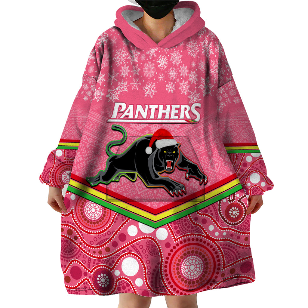 Custom Panthers Rugby Christmas Wearable Blanket Hoodie Merry Xmas 2023 Mix Aboriginal Art Pink Version - Vibe Hoodie Shop