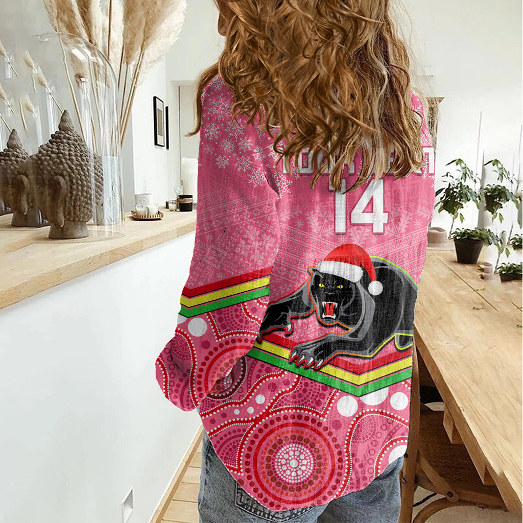 Custom Panthers Rugby Christmas Women Casual Shirt Merry Xmas 2023 Mix Aboriginal Art Pink Version - Vibe Hoodie Shop
