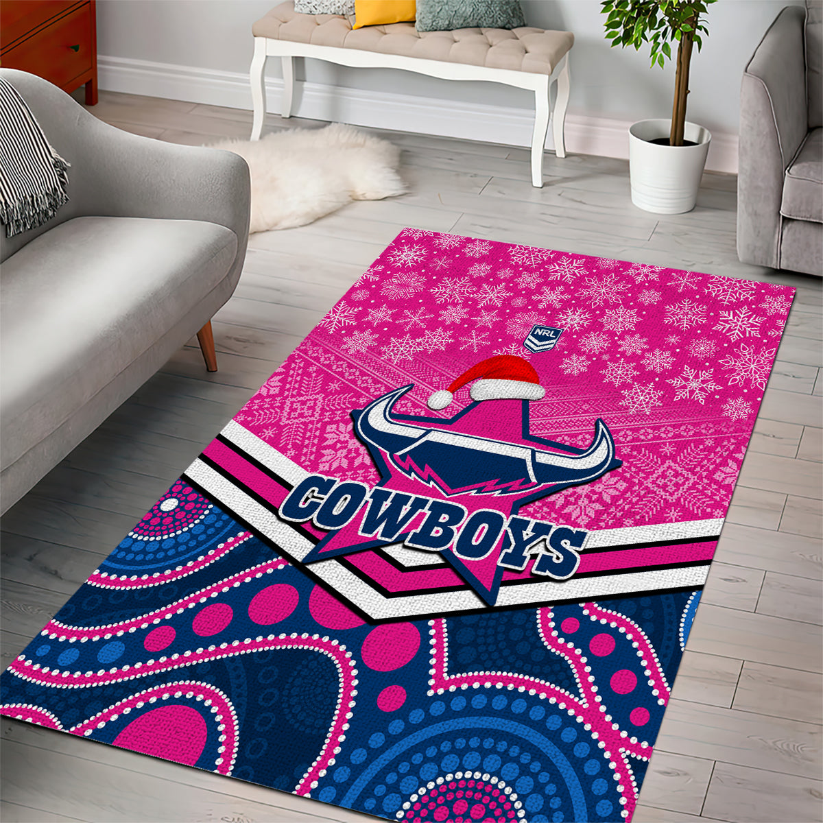 Cowboys Rugby Christmas Area Rug Merry Xmas 2023 Mix Aboriginal Art Pink Version - Vibe Hoodie Shop