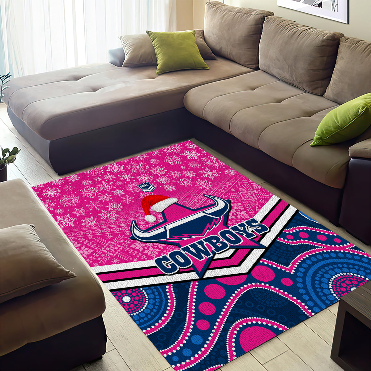 Cowboys Rugby Christmas Area Rug Merry Xmas 2023 Mix Aboriginal Art Pink Version - Vibe Hoodie Shop