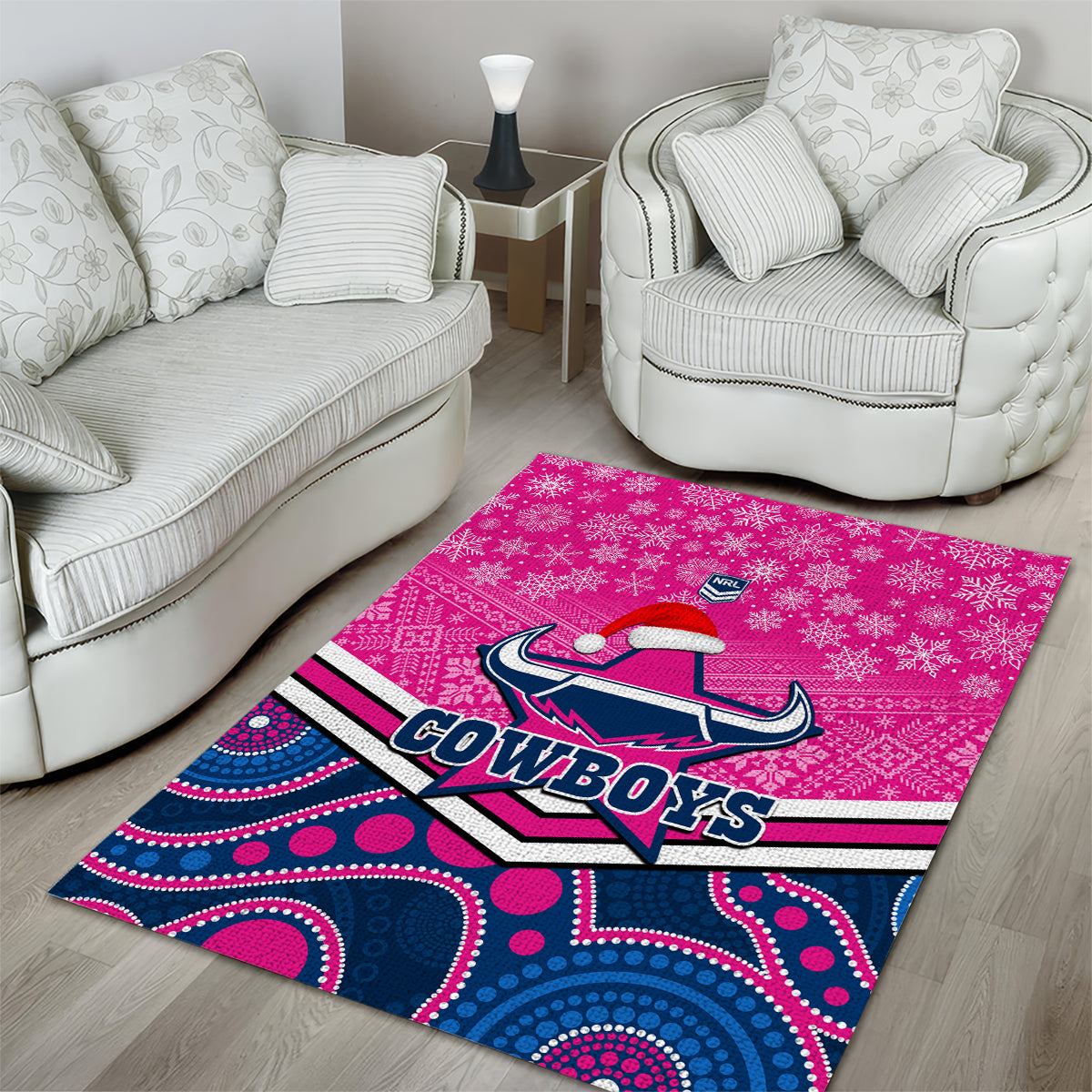 Cowboys Rugby Christmas Area Rug Merry Xmas 2023 Mix Aboriginal Art Pink Version - Vibe Hoodie Shop