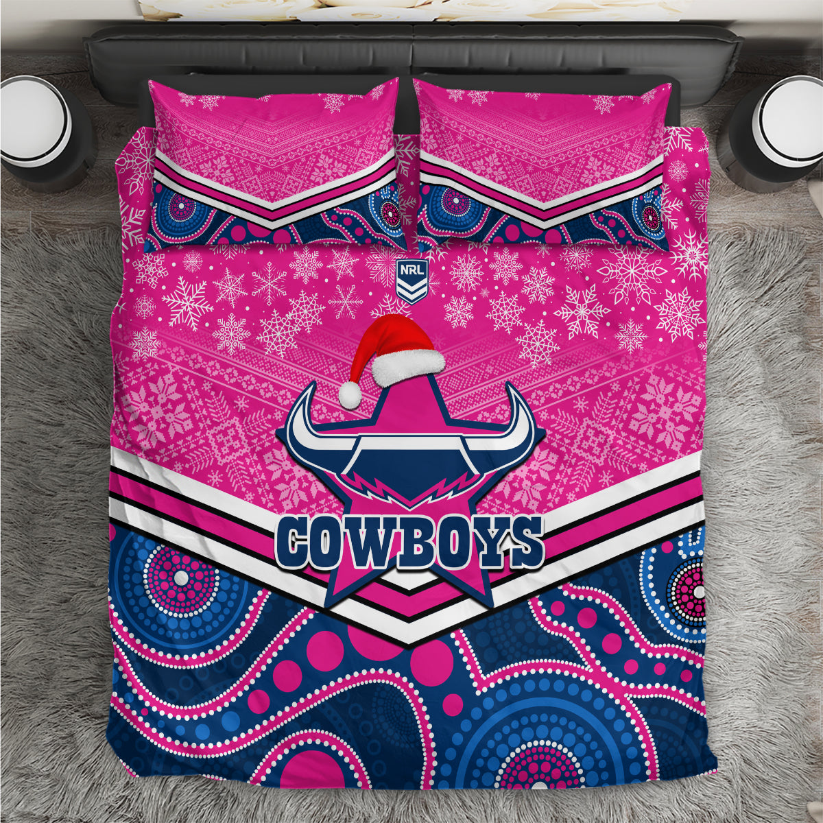 Cowboys Rugby Christmas Bedding Set Merry Xmas 2023 Mix Aboriginal Art Pink Version - Vibe Hoodie Shop