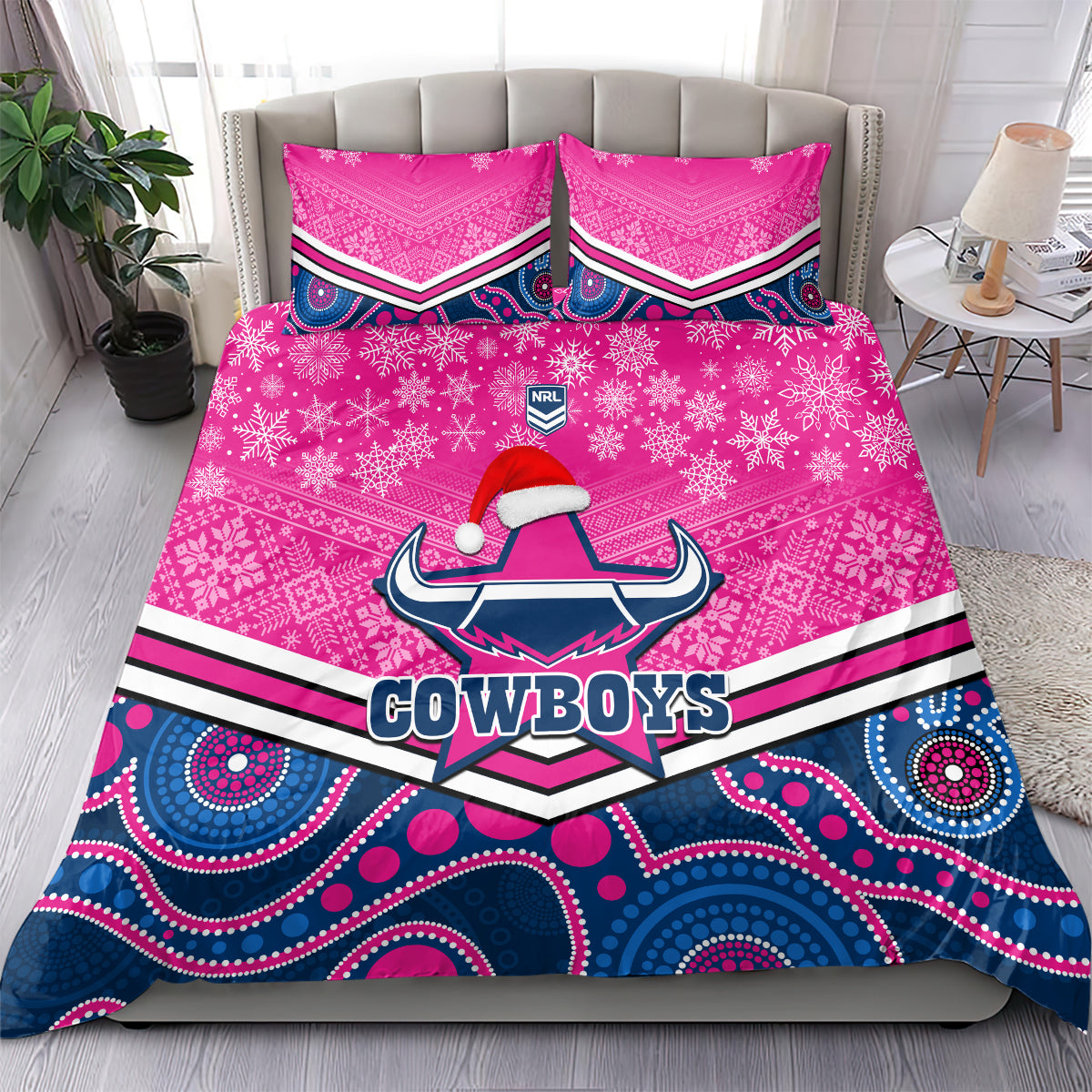 Cowboys Rugby Christmas Bedding Set Merry Xmas 2023 Mix Aboriginal Art Pink Version - Vibe Hoodie Shop
