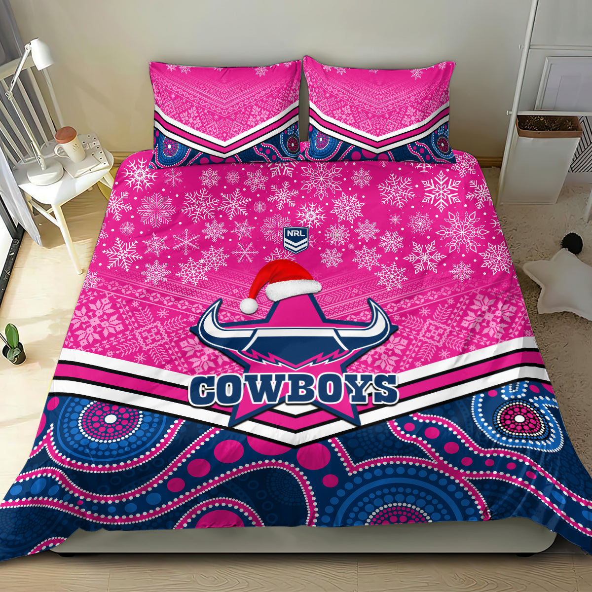 Cowboys Rugby Christmas Bedding Set Merry Xmas 2023 Mix Aboriginal Art Pink Version - Vibe Hoodie Shop
