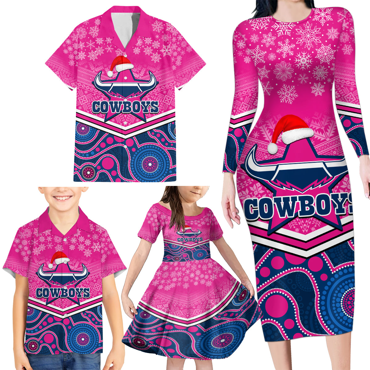 custom-cowboys-rugby-christmas-family-matching-long-sleeve-bodycon-dress-and-hawaiian-shirt-merry-xmas-2023-mix-aboriginal-art-pink-version