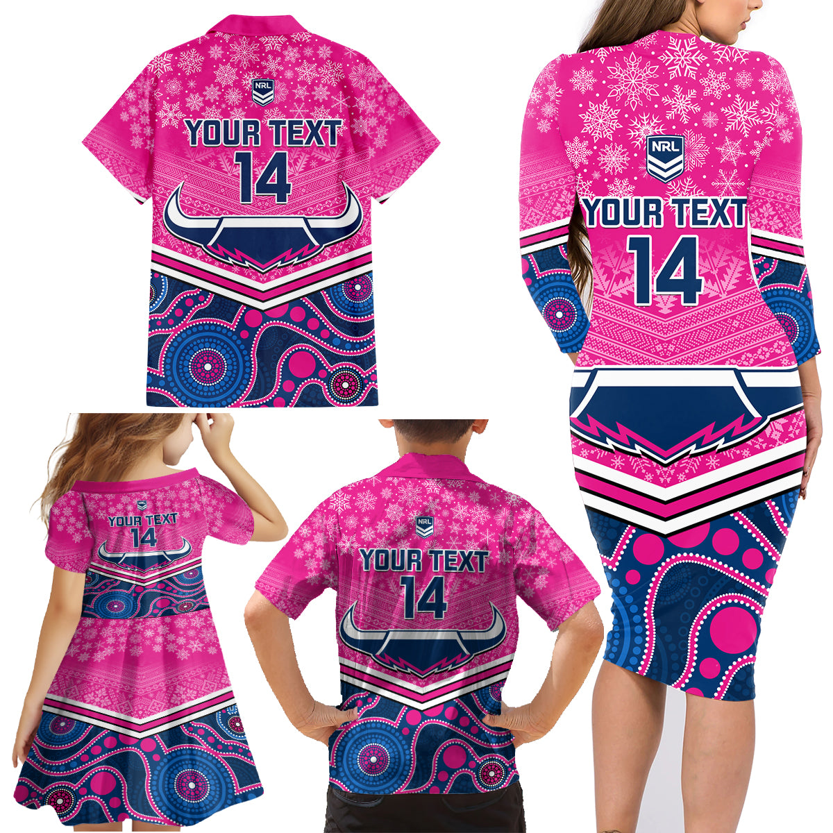 custom-cowboys-rugby-christmas-family-matching-long-sleeve-bodycon-dress-and-hawaiian-shirt-merry-xmas-2023-mix-aboriginal-art-pink-version