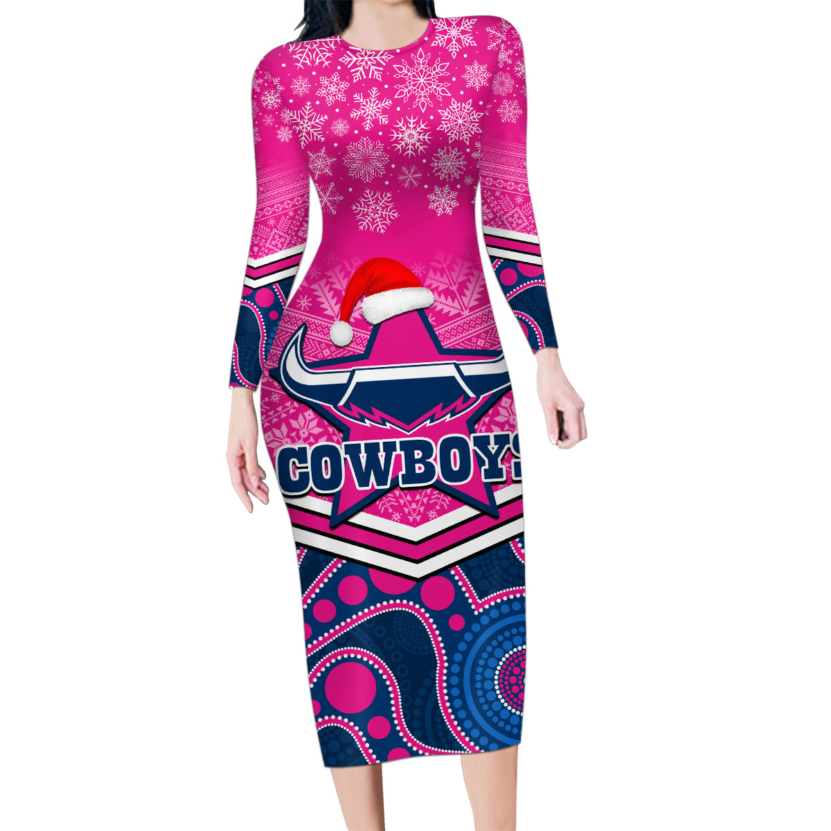 custom-cowboys-rugby-christmas-family-matching-long-sleeve-bodycon-dress-and-hawaiian-shirt-merry-xmas-2023-mix-aboriginal-art-pink-version