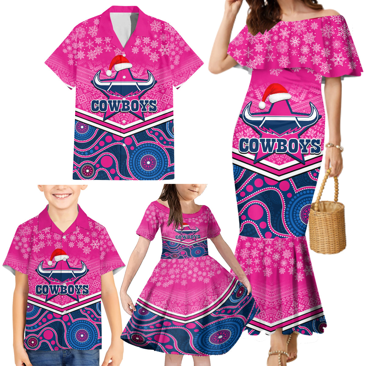 custom-cowboys-rugby-christmas-family-matching-mermaid-dress-and-hawaiian-shirt-merry-xmas-2023-mix-aboriginal-art-pink-version