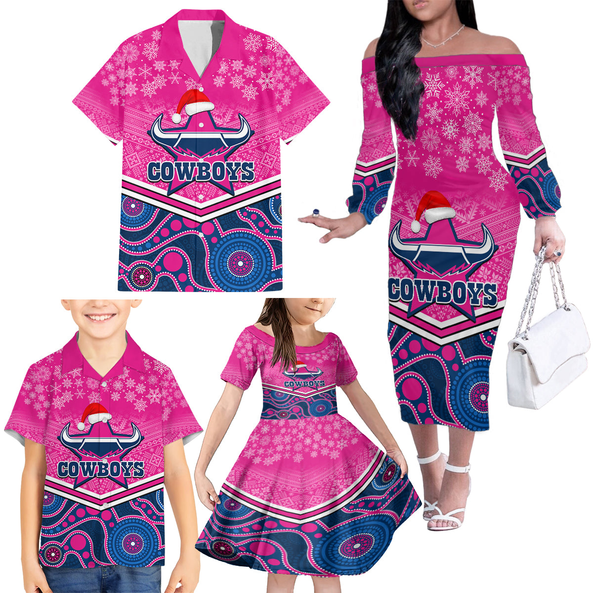 custom-cowboys-rugby-christmas-family-matching-off-shoulder-long-sleeve-dress-and-hawaiian-shirt-merry-xmas-2023-mix-aboriginal-art-pink-version