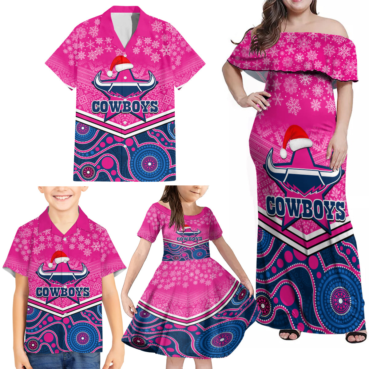 custom-cowboys-rugby-christmas-family-matching-off-shoulder-maxi-dress-and-hawaiian-shirt-merry-xmas-2023-mix-aboriginal-art-pink-version