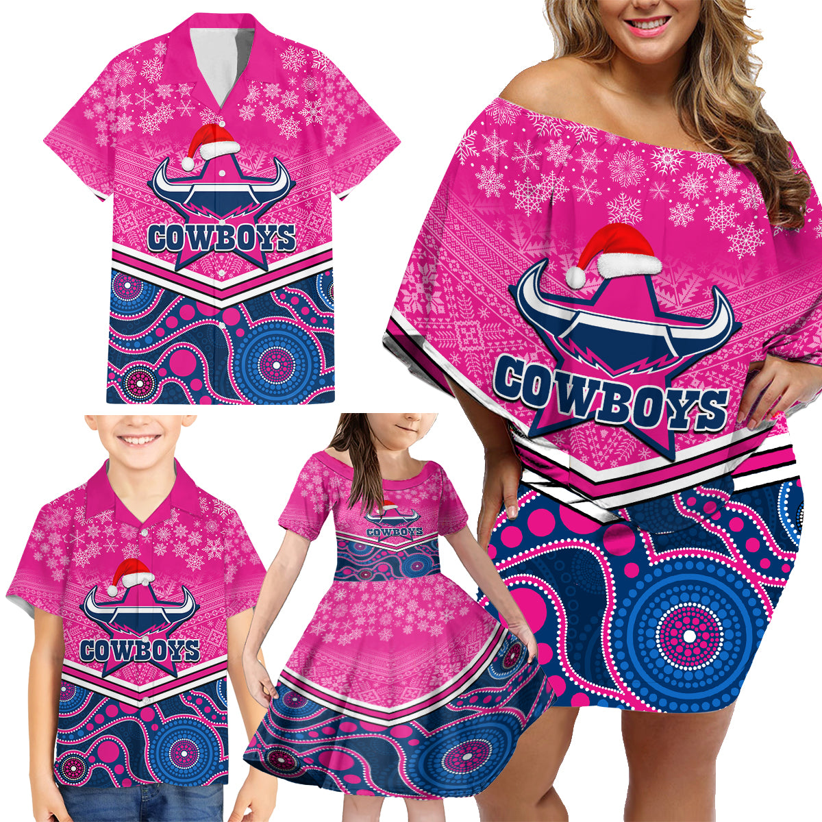 custom-cowboys-rugby-christmas-family-matching-off-shoulder-short-dress-and-hawaiian-shirt-merry-xmas-2023-mix-aboriginal-art-pink-version