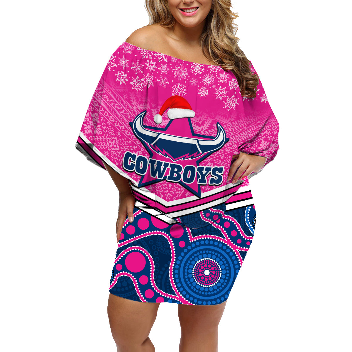 custom-cowboys-rugby-christmas-family-matching-off-shoulder-short-dress-and-hawaiian-shirt-merry-xmas-2023-mix-aboriginal-art-pink-version