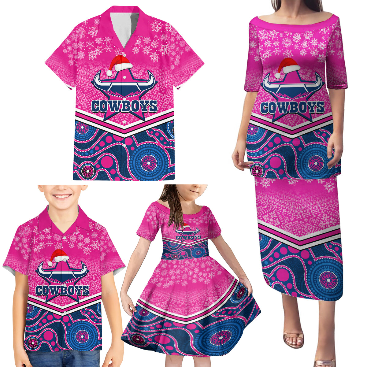 custom-cowboys-rugby-christmas-family-matching-puletasi-dress-and-hawaiian-shirt-merry-xmas-2023-mix-aboriginal-art-pink-version