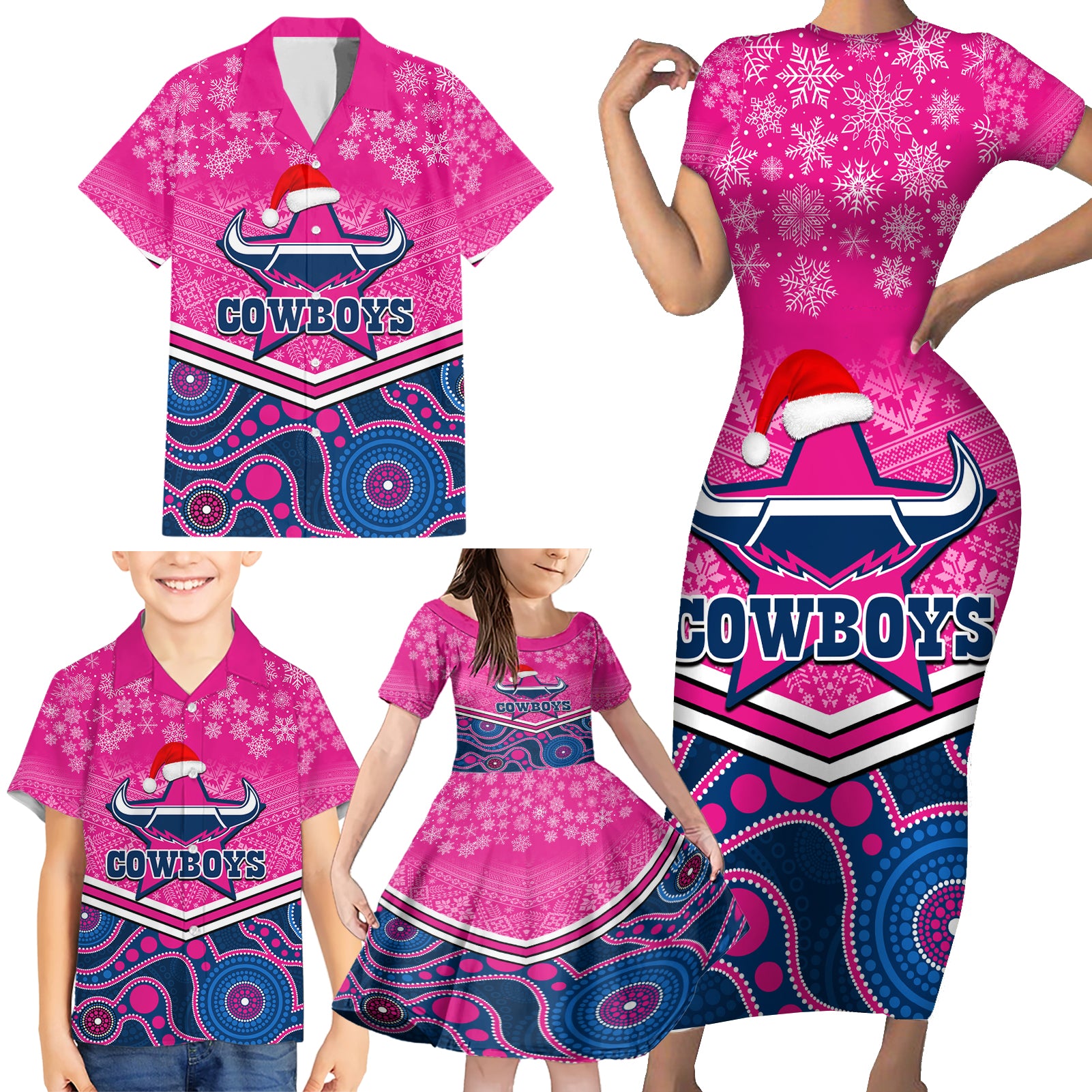 custom-cowboys-rugby-christmas-family-matching-short-sleeve-bodycon-dress-and-hawaiian-shirt-merry-xmas-2023-mix-aboriginal-art-pink-version