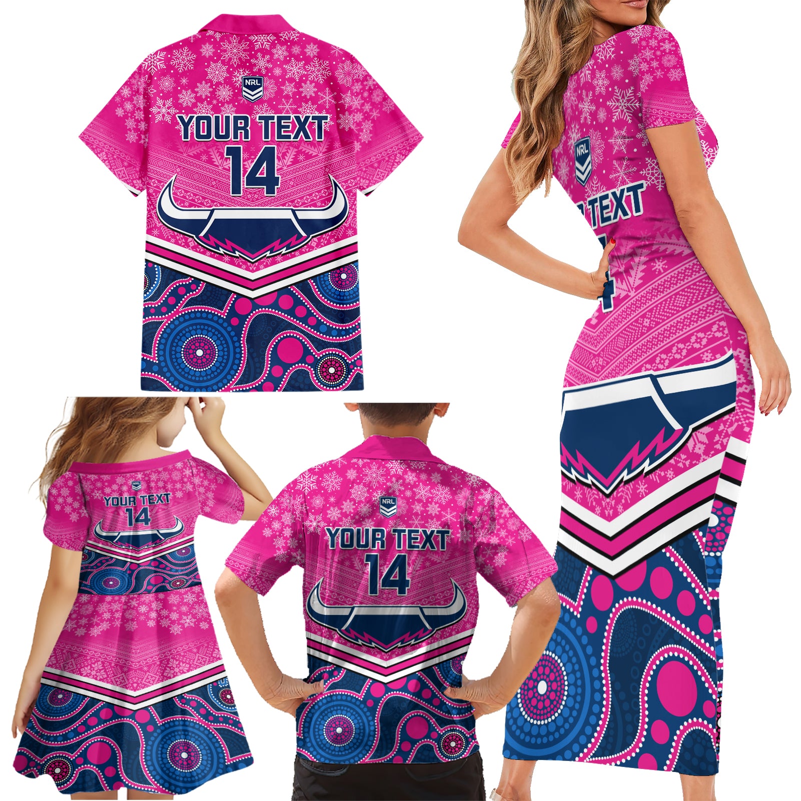 custom-cowboys-rugby-christmas-family-matching-short-sleeve-bodycon-dress-and-hawaiian-shirt-merry-xmas-2023-mix-aboriginal-art-pink-version