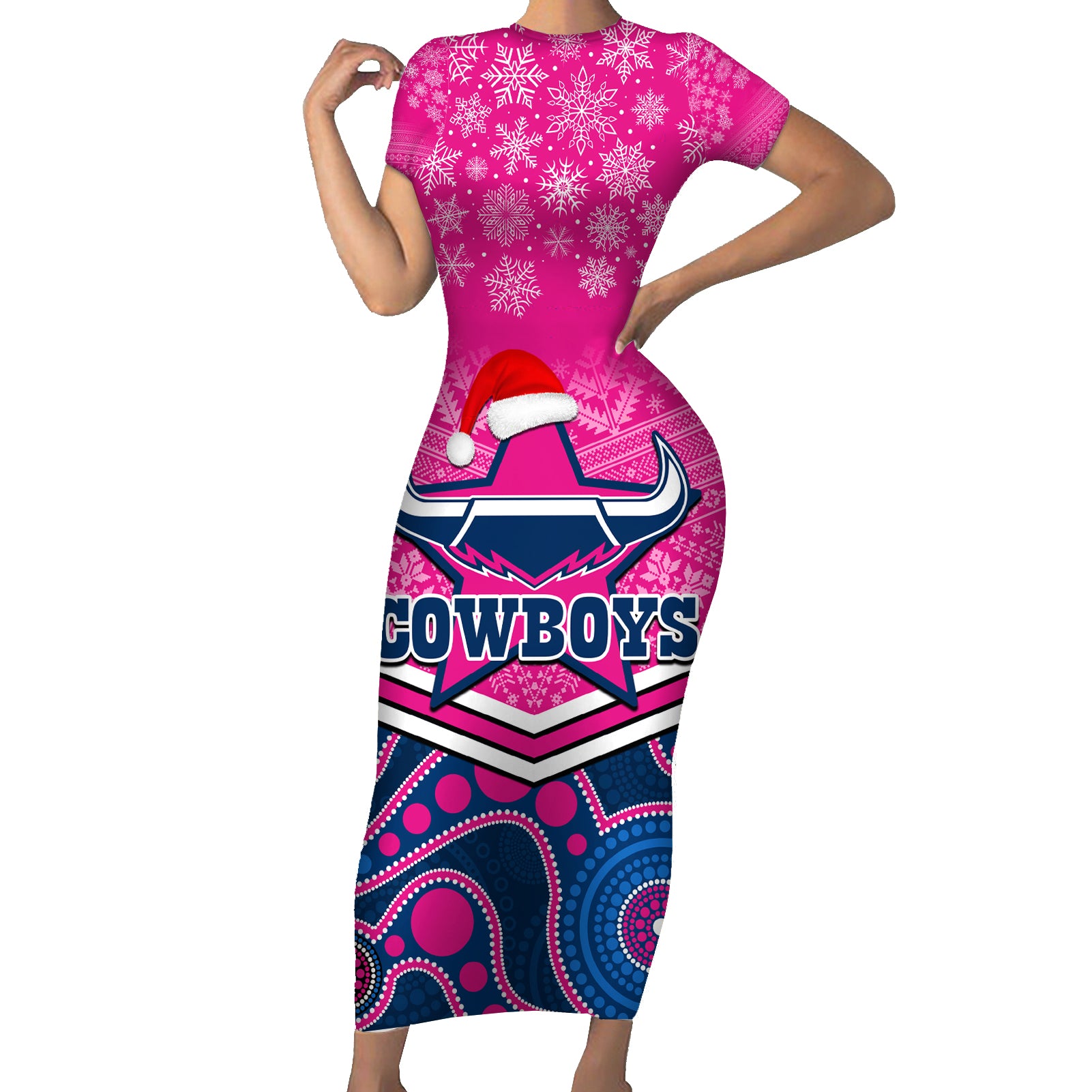 custom-cowboys-rugby-christmas-family-matching-short-sleeve-bodycon-dress-and-hawaiian-shirt-merry-xmas-2023-mix-aboriginal-art-pink-version