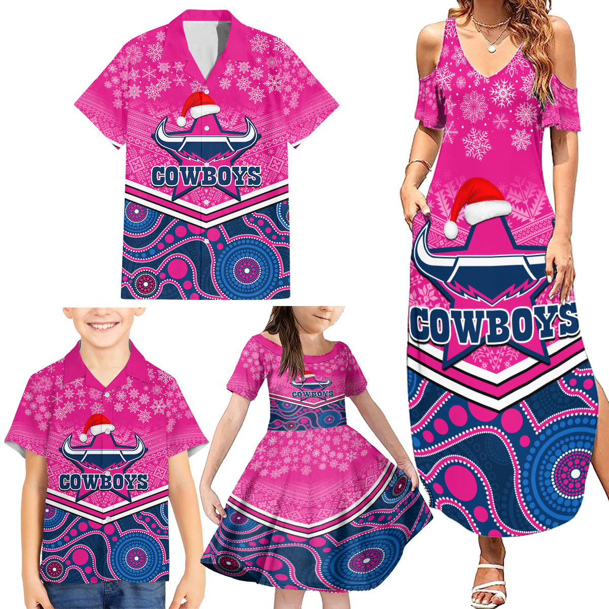 custom-cowboys-rugby-christmas-family-matching-summer-maxi-dress-and-hawaiian-shirt-merry-xmas-2023-mix-aboriginal-art-pink-version