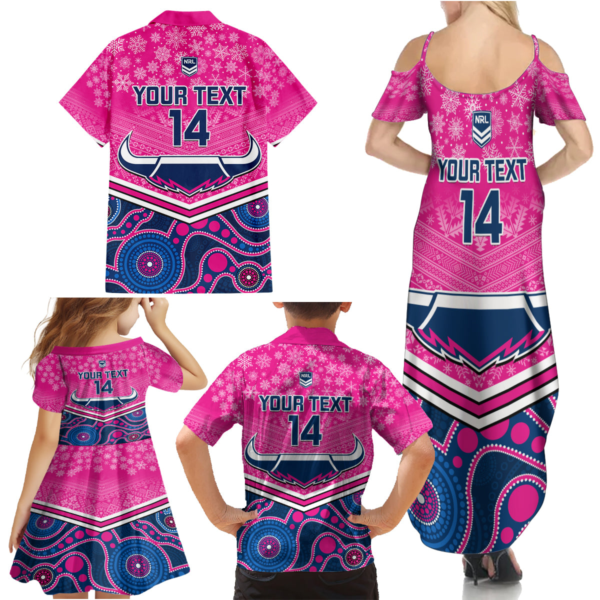 custom-cowboys-rugby-christmas-family-matching-summer-maxi-dress-and-hawaiian-shirt-merry-xmas-2023-mix-aboriginal-art-pink-version