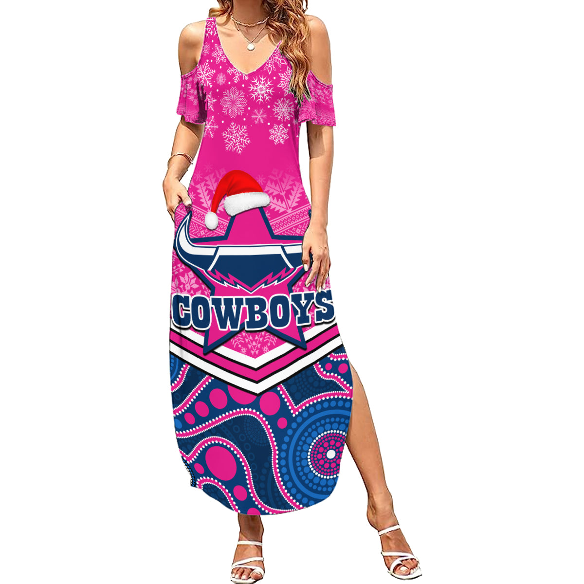 custom-cowboys-rugby-christmas-family-matching-summer-maxi-dress-and-hawaiian-shirt-merry-xmas-2023-mix-aboriginal-art-pink-version