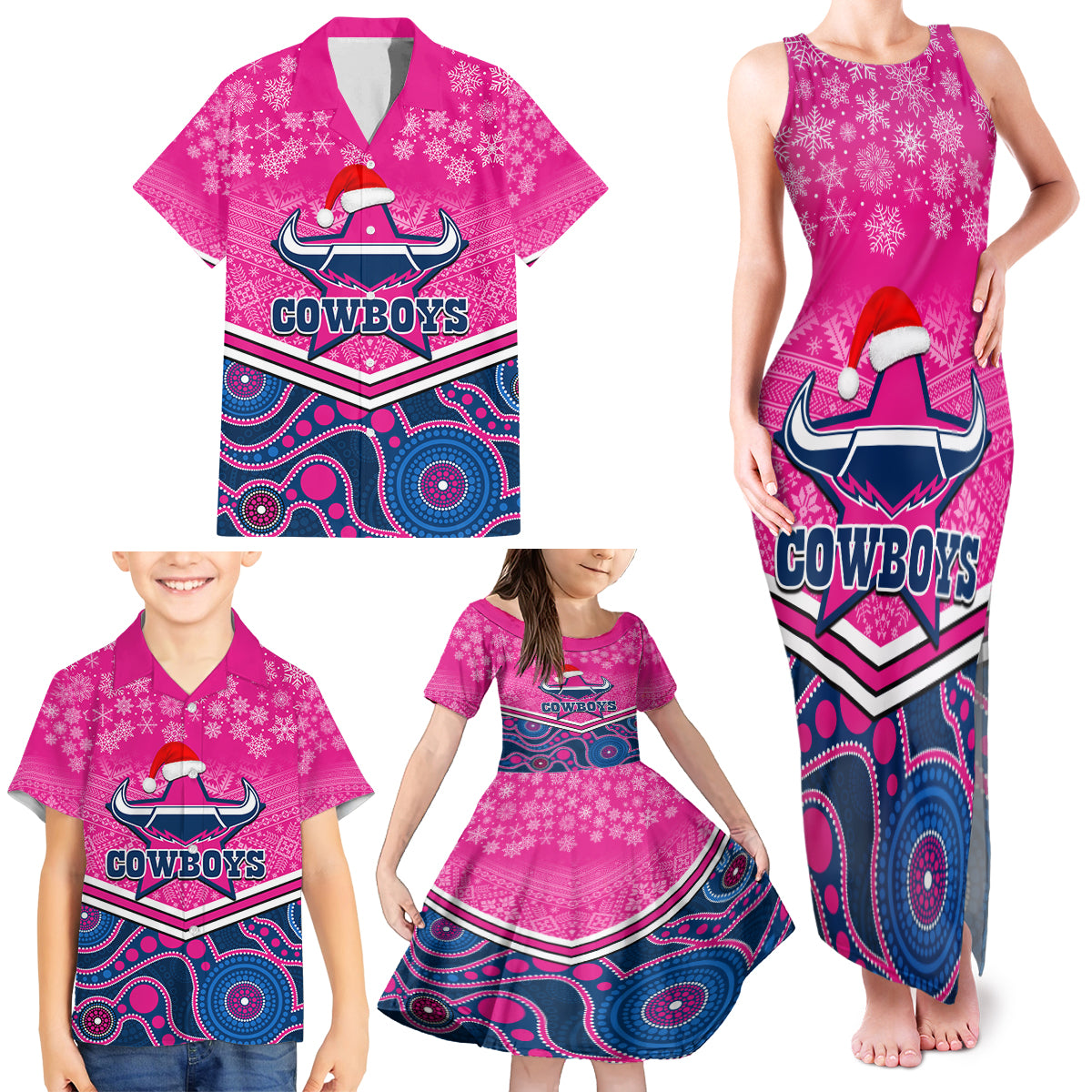 custom-cowboys-rugby-christmas-family-matching-tank-maxi-dress-and-hawaiian-shirt-merry-xmas-2023-mix-aboriginal-art-pink-version