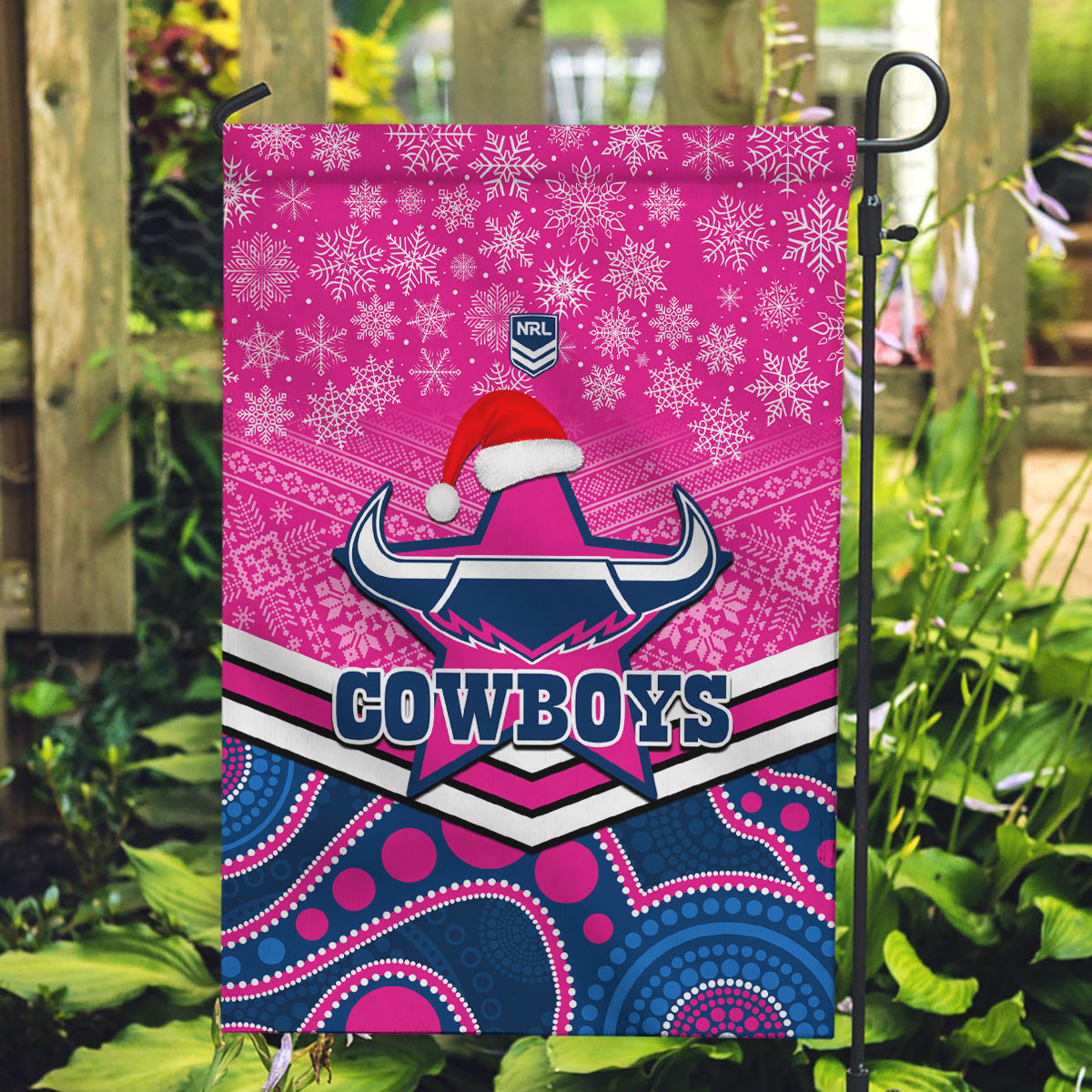 Cowboys Rugby Christmas Garden Flag Merry Xmas 2023 Mix Aboriginal Art Pink Version - Vibe Hoodie Shop