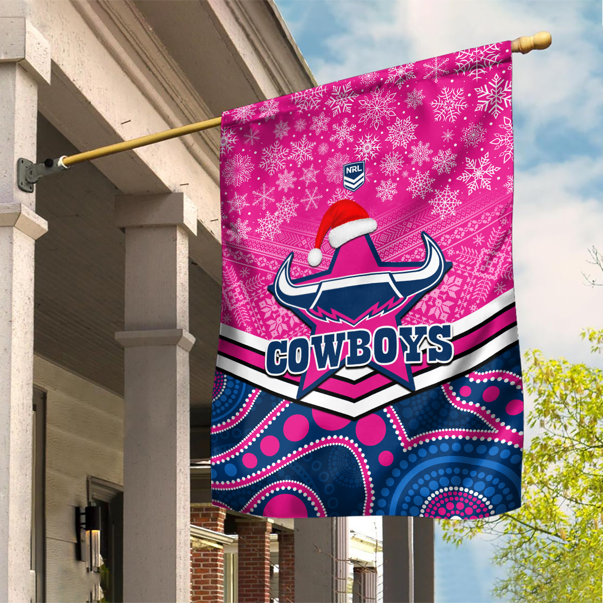 Cowboys Rugby Christmas Garden Flag Merry Xmas 2023 Mix Aboriginal Art Pink Version - Vibe Hoodie Shop