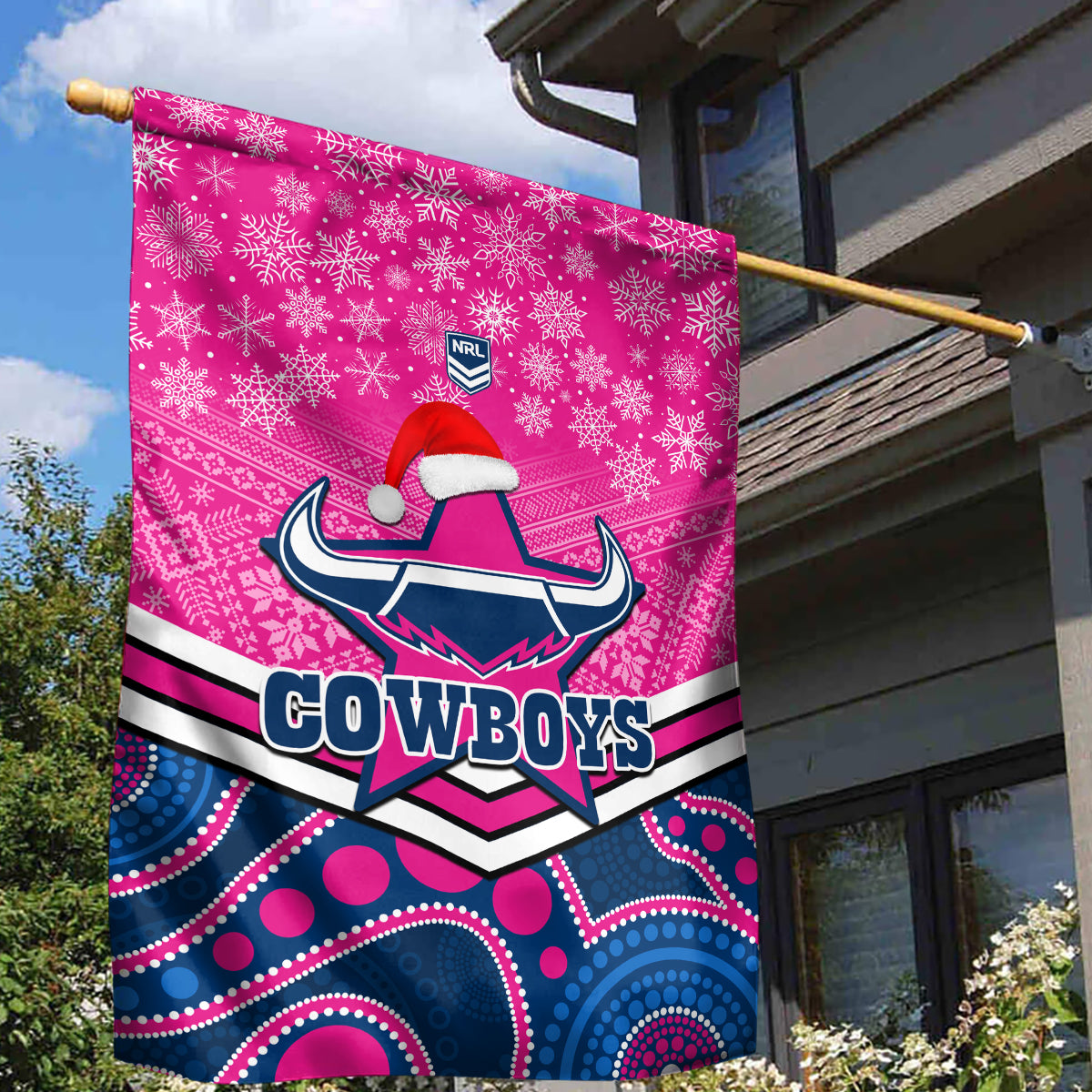 Cowboys Rugby Christmas Garden Flag Merry Xmas 2023 Mix Aboriginal Art Pink Version - Vibe Hoodie Shop