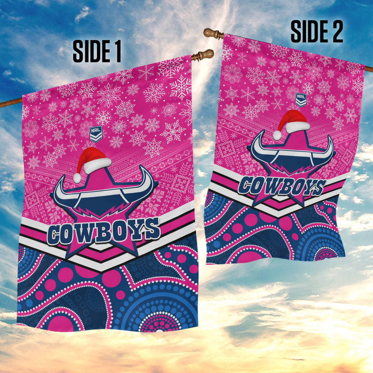 Cowboys Rugby Christmas Garden Flag Merry Xmas 2023 Mix Aboriginal Art Pink Version - Vibe Hoodie Shop