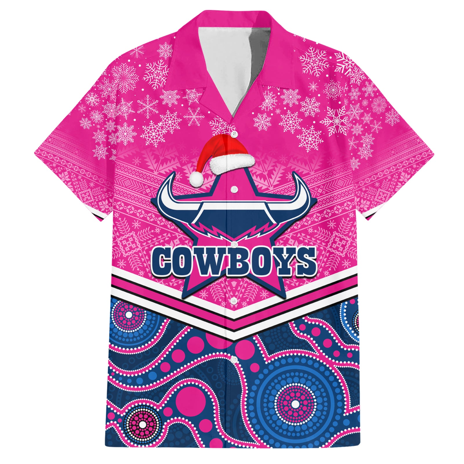 Custom Cowboys Rugby Christmas Hawaiian Shirt Merry Xmas 2023 Mix Aboriginal Art Pink Version - Vibe Hoodie Shop