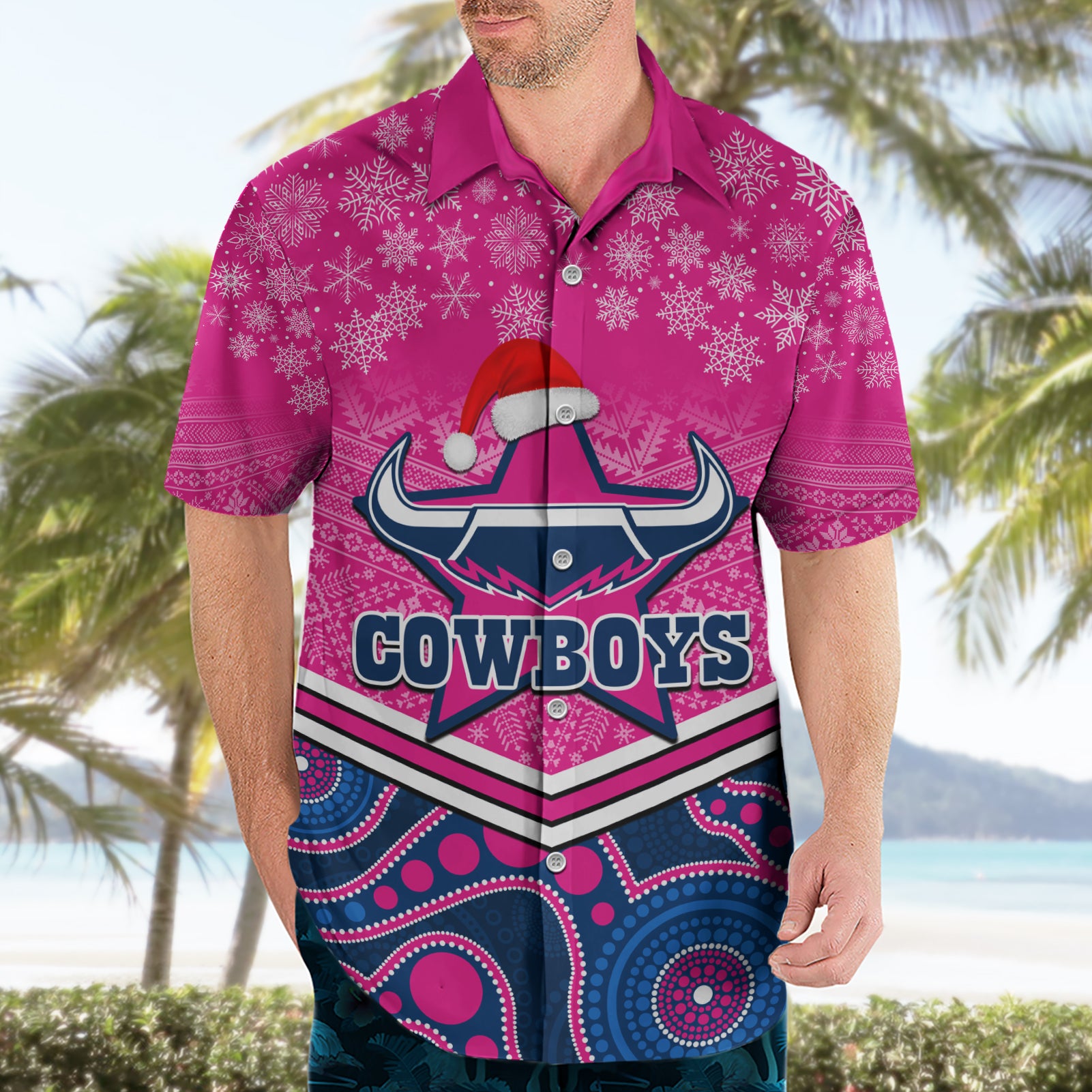 Custom Cowboys Rugby Christmas Hawaiian Shirt Merry Xmas 2023 Mix Aboriginal Art Pink Version - Vibe Hoodie Shop
