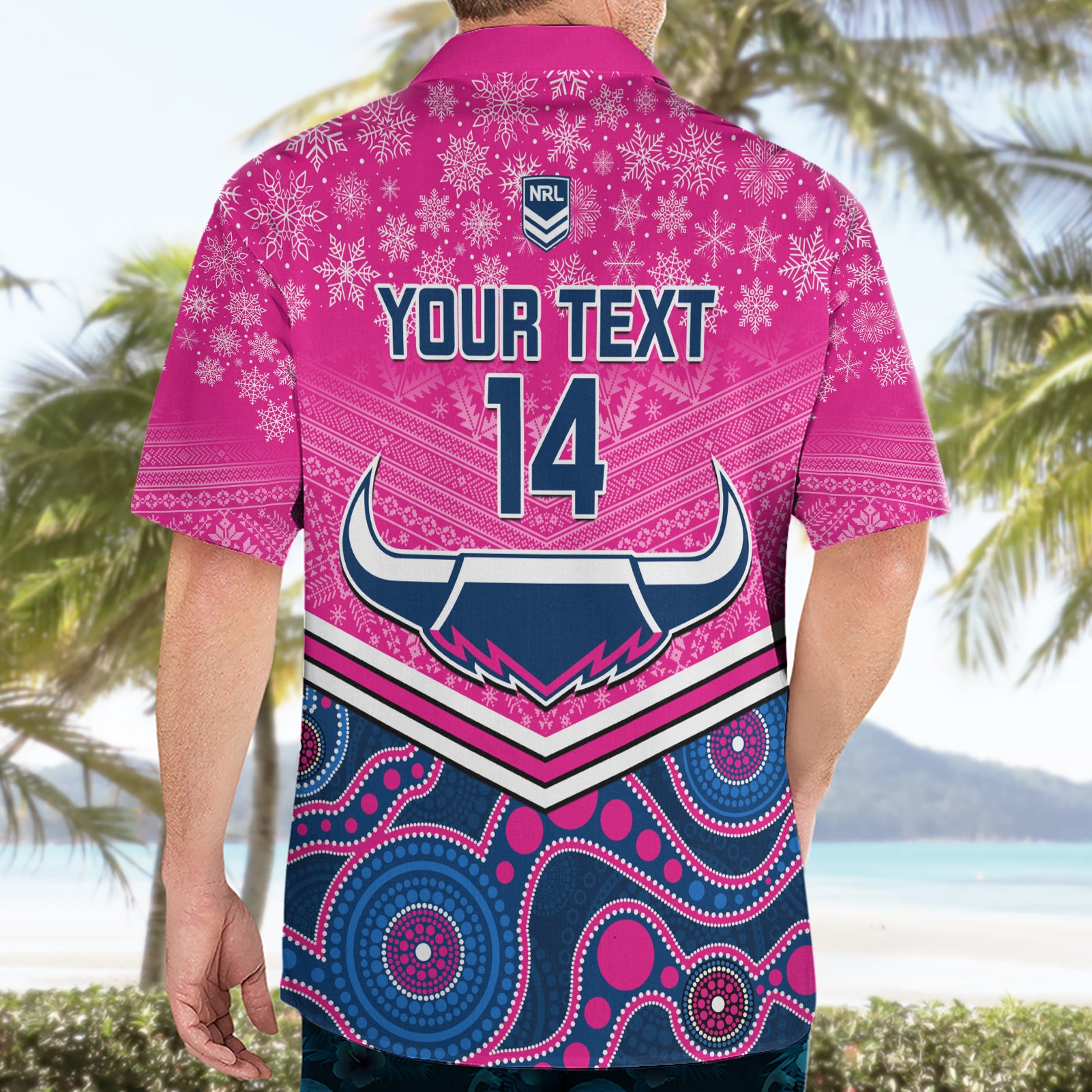 Custom Cowboys Rugby Christmas Hawaiian Shirt Merry Xmas 2023 Mix Aboriginal Art Pink Version - Vibe Hoodie Shop