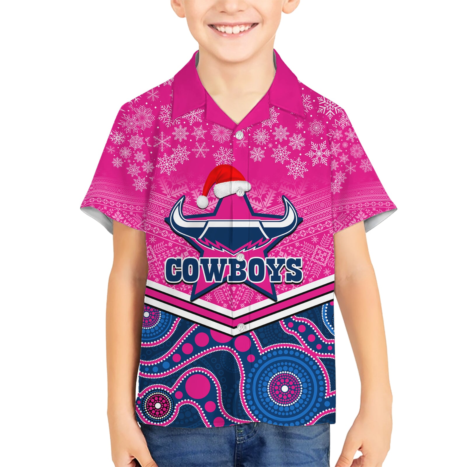 Custom Cowboys Rugby Christmas Hawaiian Shirt Merry Xmas 2023 Mix Aboriginal Art Pink Version - Vibe Hoodie Shop