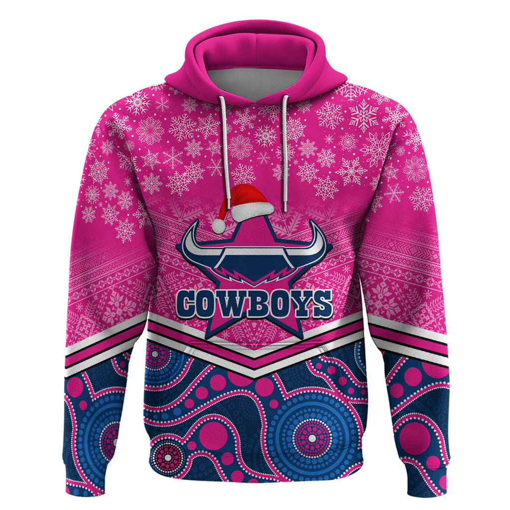 Custom Cowboys Rugby Christmas Hoodie Merry Xmas 2023 Mix Aboriginal Art Pink Version - Vibe Hoodie Shop