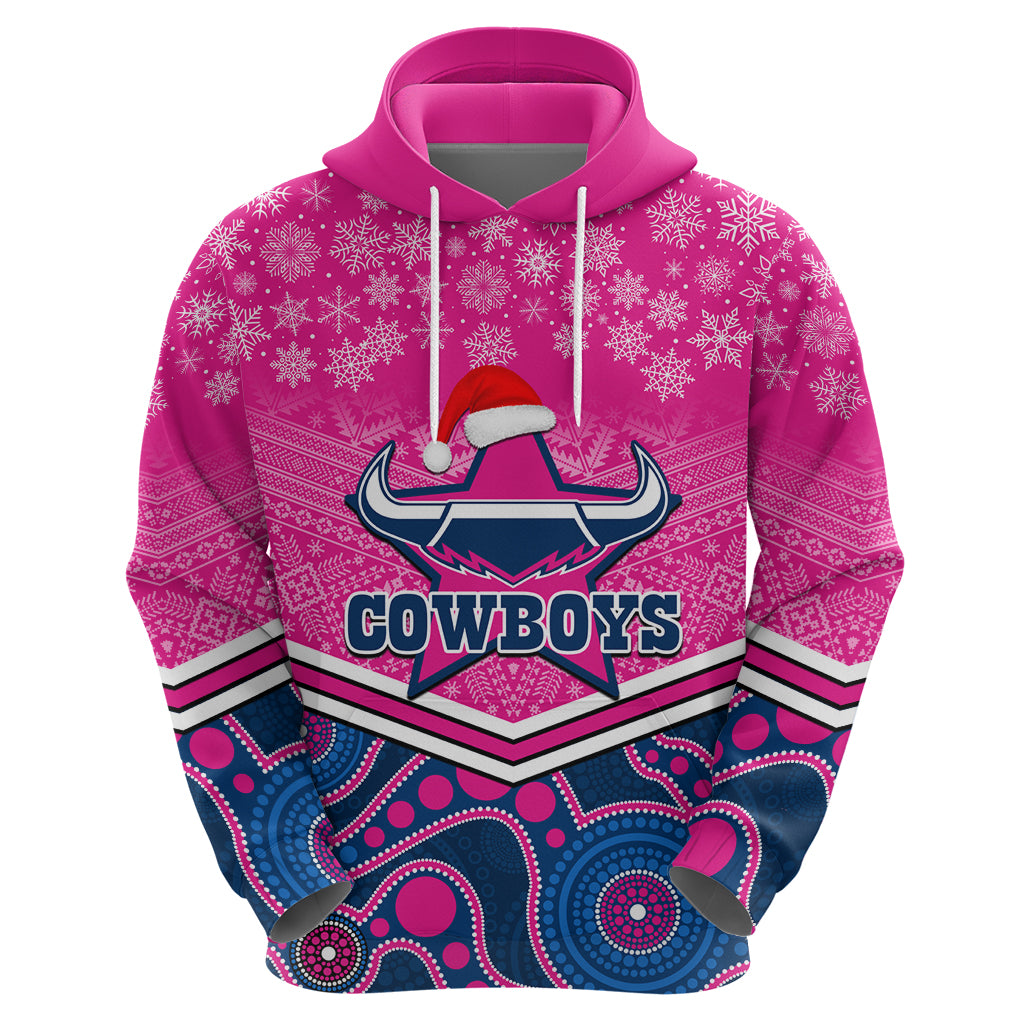 Custom Cowboys Rugby Christmas Hoodie Merry Xmas 2023 Mix Aboriginal Art Pink Version - Vibe Hoodie Shop