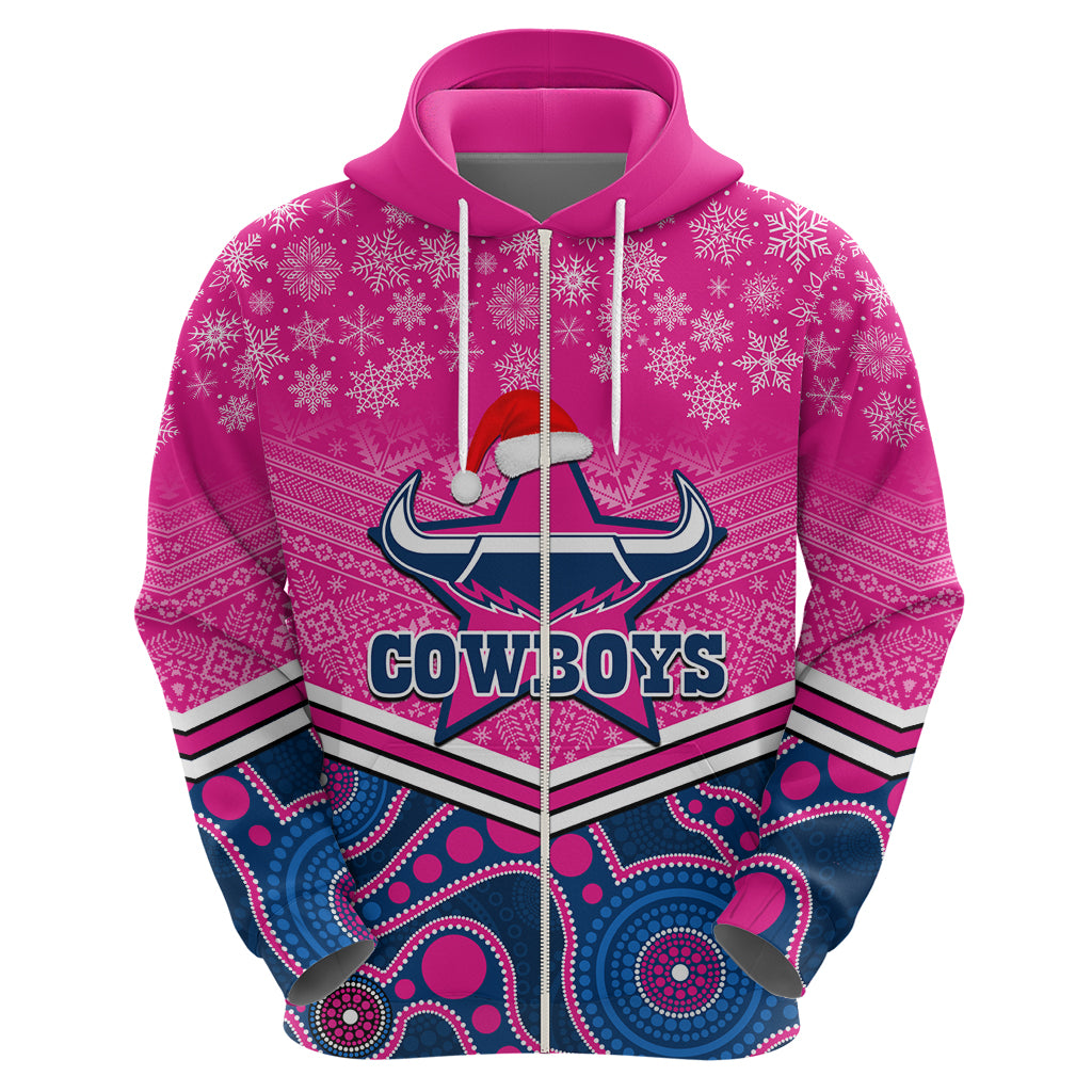 Custom Cowboys Rugby Christmas Hoodie Merry Xmas 2023 Mix Aboriginal Art Pink Version - Vibe Hoodie Shop
