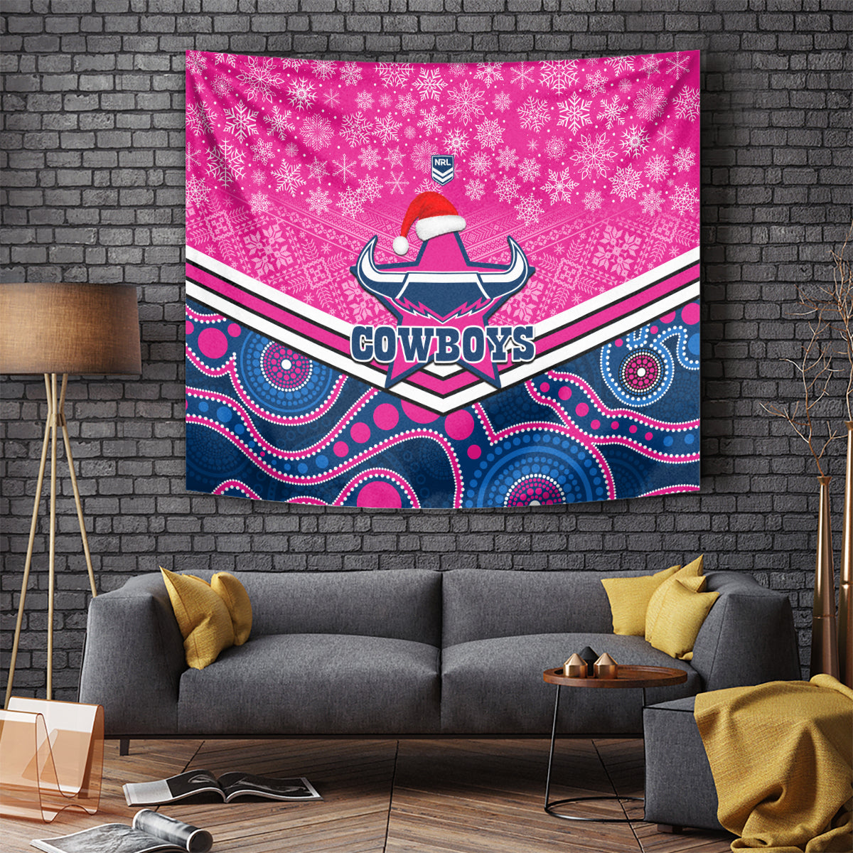 Cowboys Rugby Christmas Tapestry Merry Xmas 2023 Mix Aboriginal Art Pink Version - Vibe Hoodie Shop