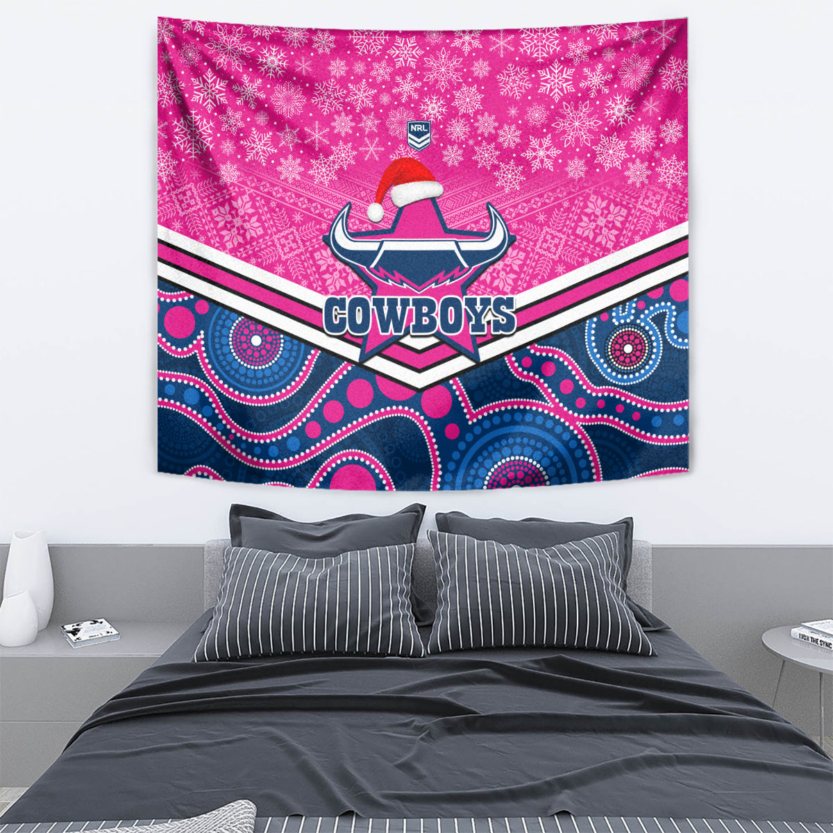 Cowboys Rugby Christmas Tapestry Merry Xmas 2023 Mix Aboriginal Art Pink Version - Vibe Hoodie Shop