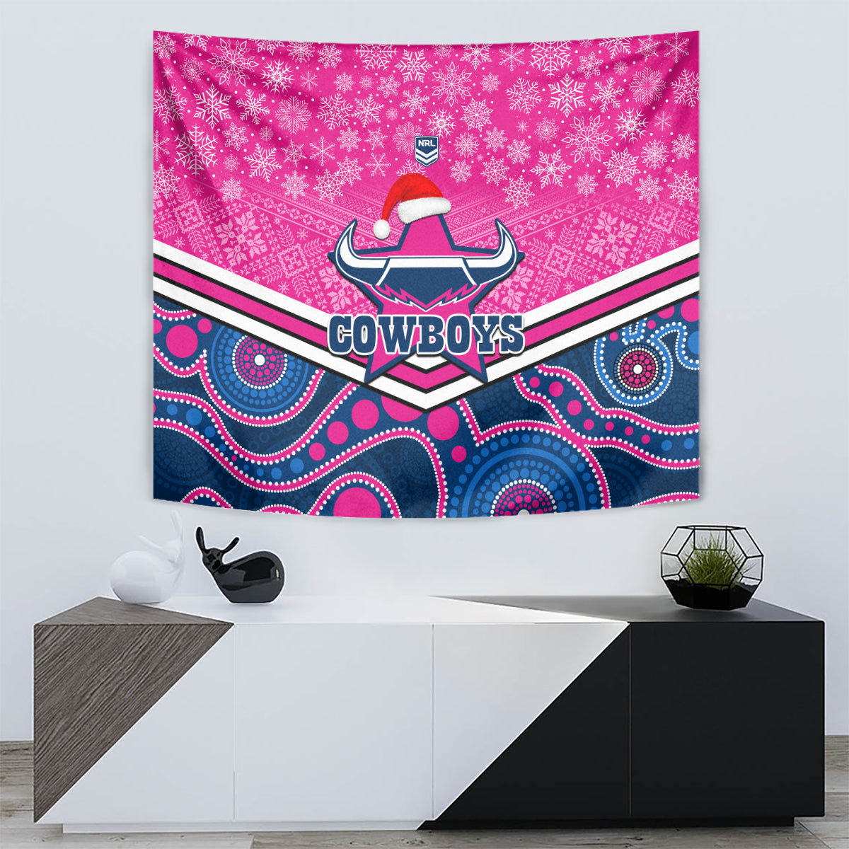 Cowboys Rugby Christmas Tapestry Merry Xmas 2023 Mix Aboriginal Art Pink Version - Vibe Hoodie Shop