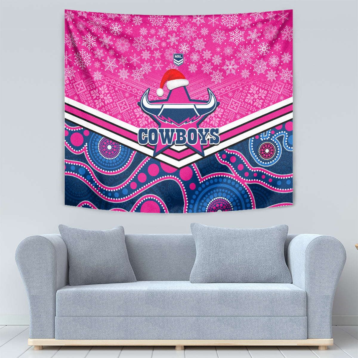 Cowboys Rugby Christmas Tapestry Merry Xmas 2023 Mix Aboriginal Art Pink Version - Vibe Hoodie Shop