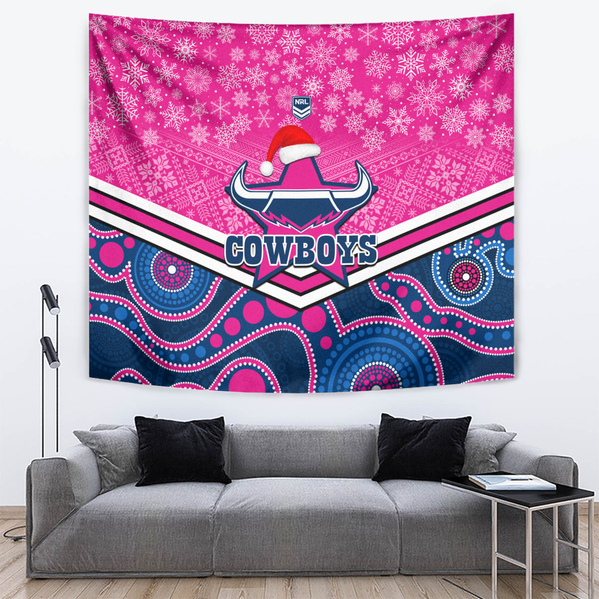 Cowboys Rugby Christmas Tapestry Merry Xmas 2023 Mix Aboriginal Art Pink Version - Vibe Hoodie Shop