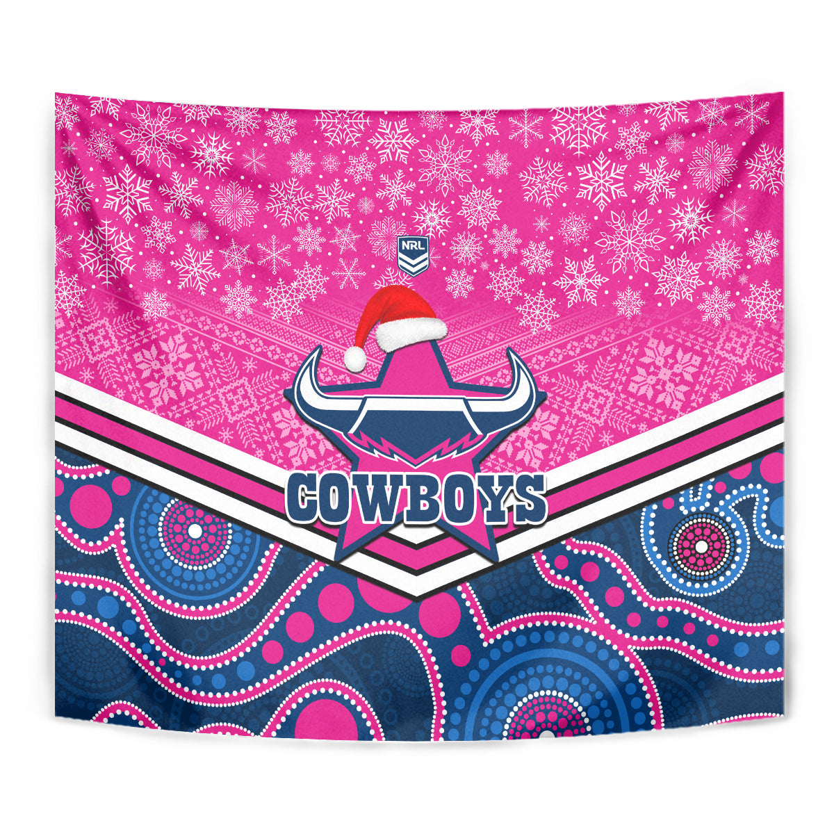 Cowboys Rugby Christmas Tapestry Merry Xmas 2023 Mix Aboriginal Art Pink Version - Vibe Hoodie Shop