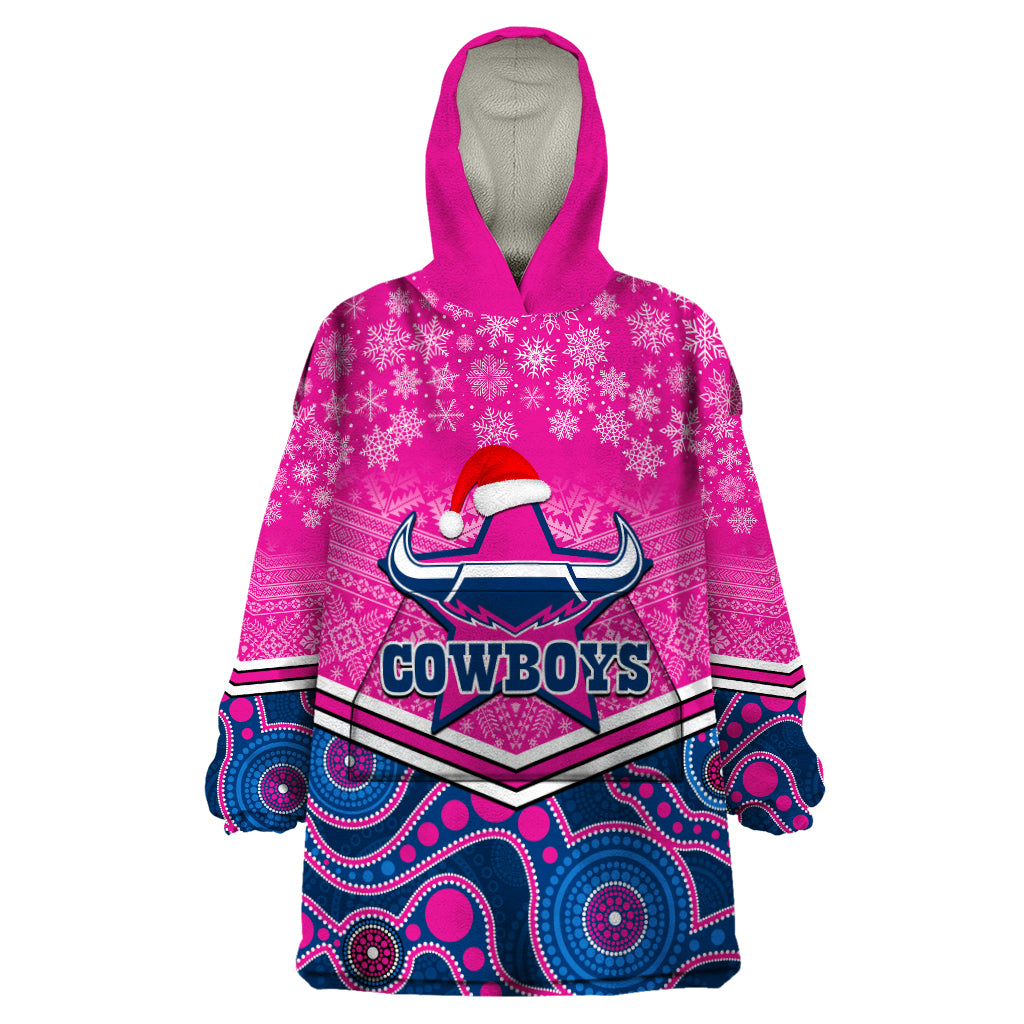 Custom Cowboys Rugby Christmas Wearable Blanket Hoodie Merry Xmas 2023 Mix Aboriginal Art Pink Version - Vibe Hoodie Shop