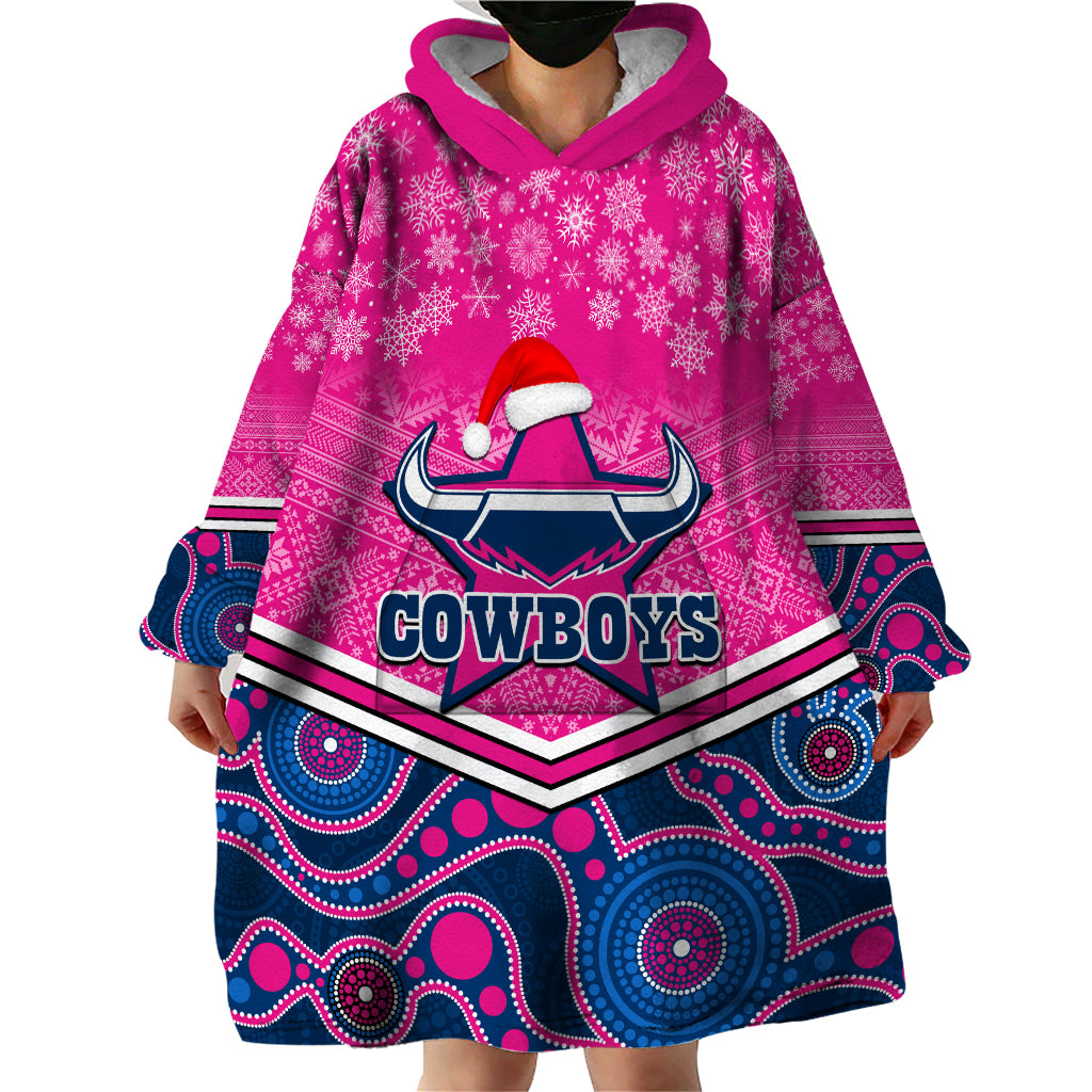 Custom Cowboys Rugby Christmas Wearable Blanket Hoodie Merry Xmas 2023 Mix Aboriginal Art Pink Version - Vibe Hoodie Shop