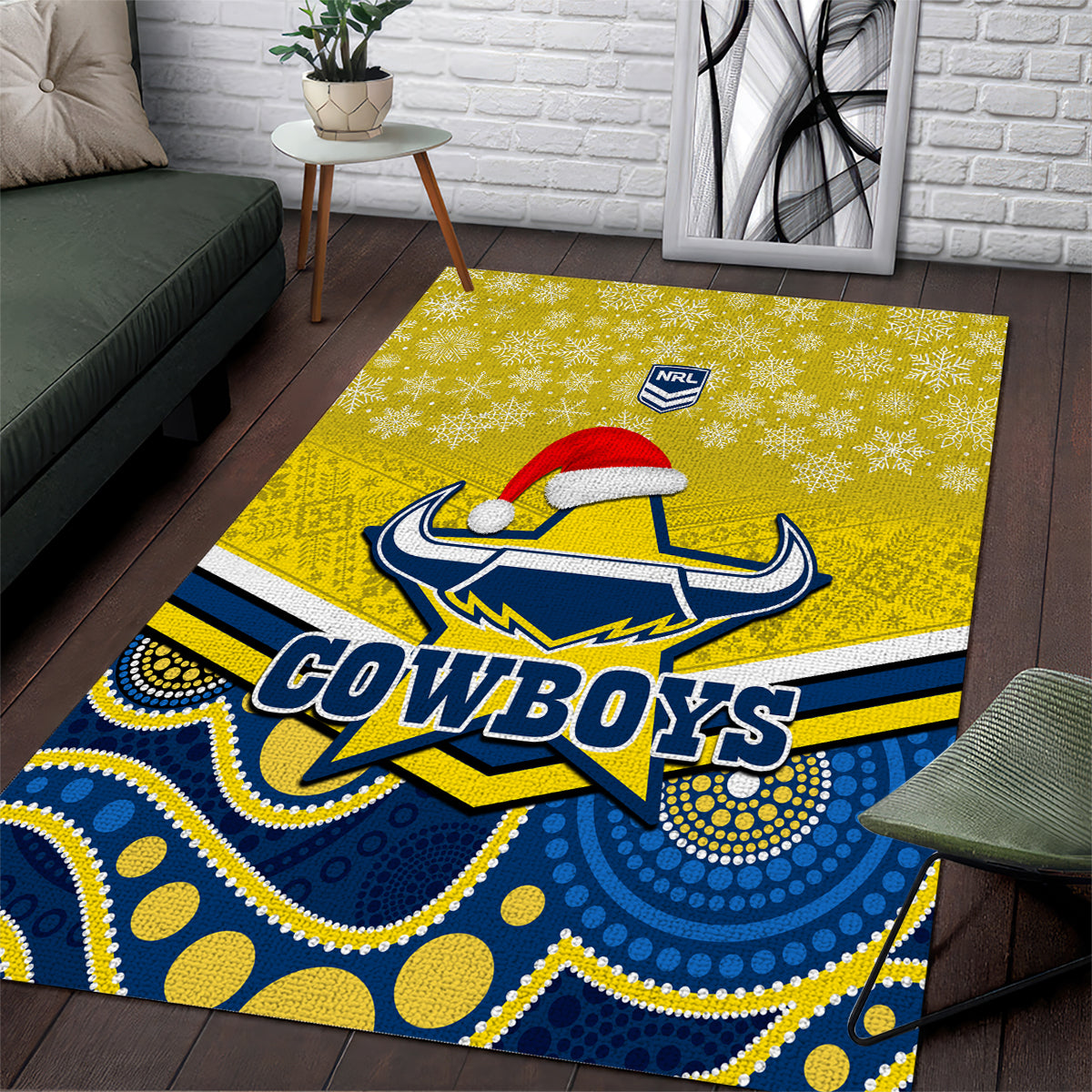 Cowboys Rugby Christmas Area Rug Merry Xmas 2023 Mix Aboriginal Art Blue Version - Vibe Hoodie Shop