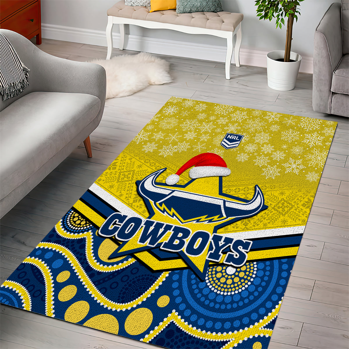 Cowboys Rugby Christmas Area Rug Merry Xmas 2023 Mix Aboriginal Art Blue Version - Vibe Hoodie Shop