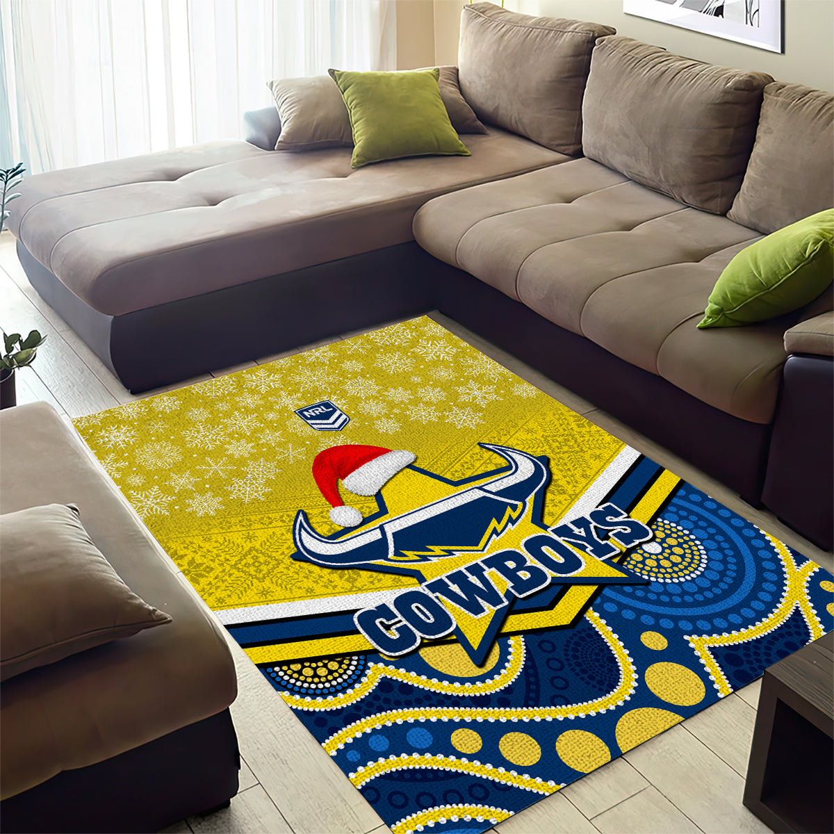 Cowboys Rugby Christmas Area Rug Merry Xmas 2023 Mix Aboriginal Art Blue Version - Vibe Hoodie Shop