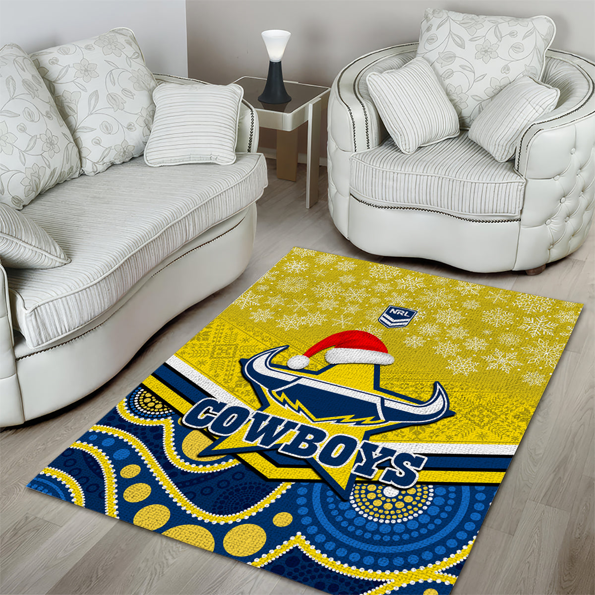 Cowboys Rugby Christmas Area Rug Merry Xmas 2023 Mix Aboriginal Art Blue Version - Vibe Hoodie Shop