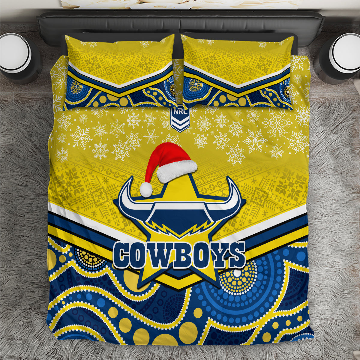 Cowboys Rugby Christmas Bedding Set Merry Xmas 2023 Mix Aboriginal Art Blue Version - Vibe Hoodie Shop